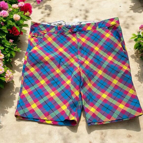 Royal And Awesome Shorts Men Size 40 Tartan Plaid Golf colorful pink blue yellow - Picture 1 of 5